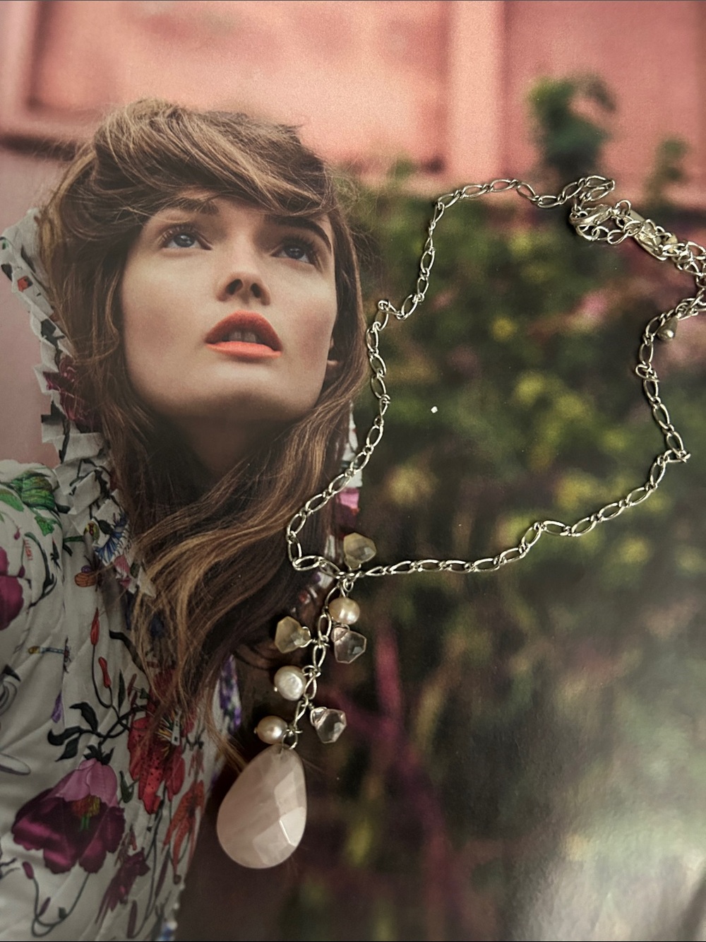 New York & Company Silver Chain Necklace with Pink Teardrop and freshwater ,